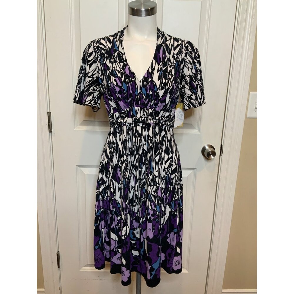 T Tahari Black White Purple Shattered Geometric Dress, Size M